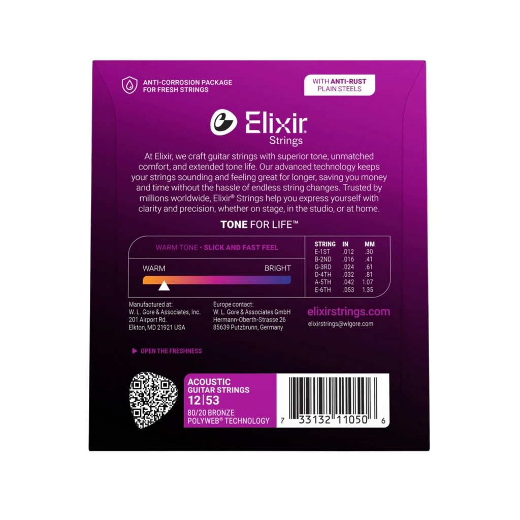 ELIXIR 11050 Polyweb 80/20 Bronze Acoustic Guitar Strings, Light, 12-53