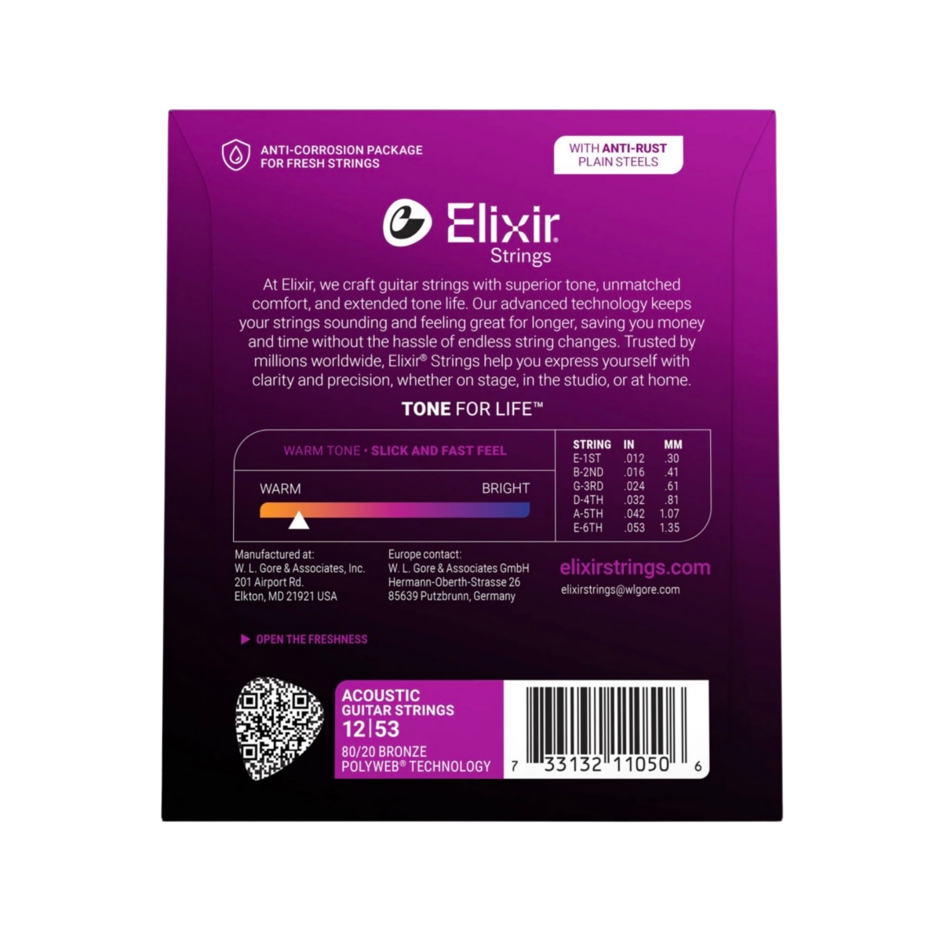 ELIXIR 11050 Polyweb 80/20 Bronze Acoustic Guitar Strings, Light, 12-53
