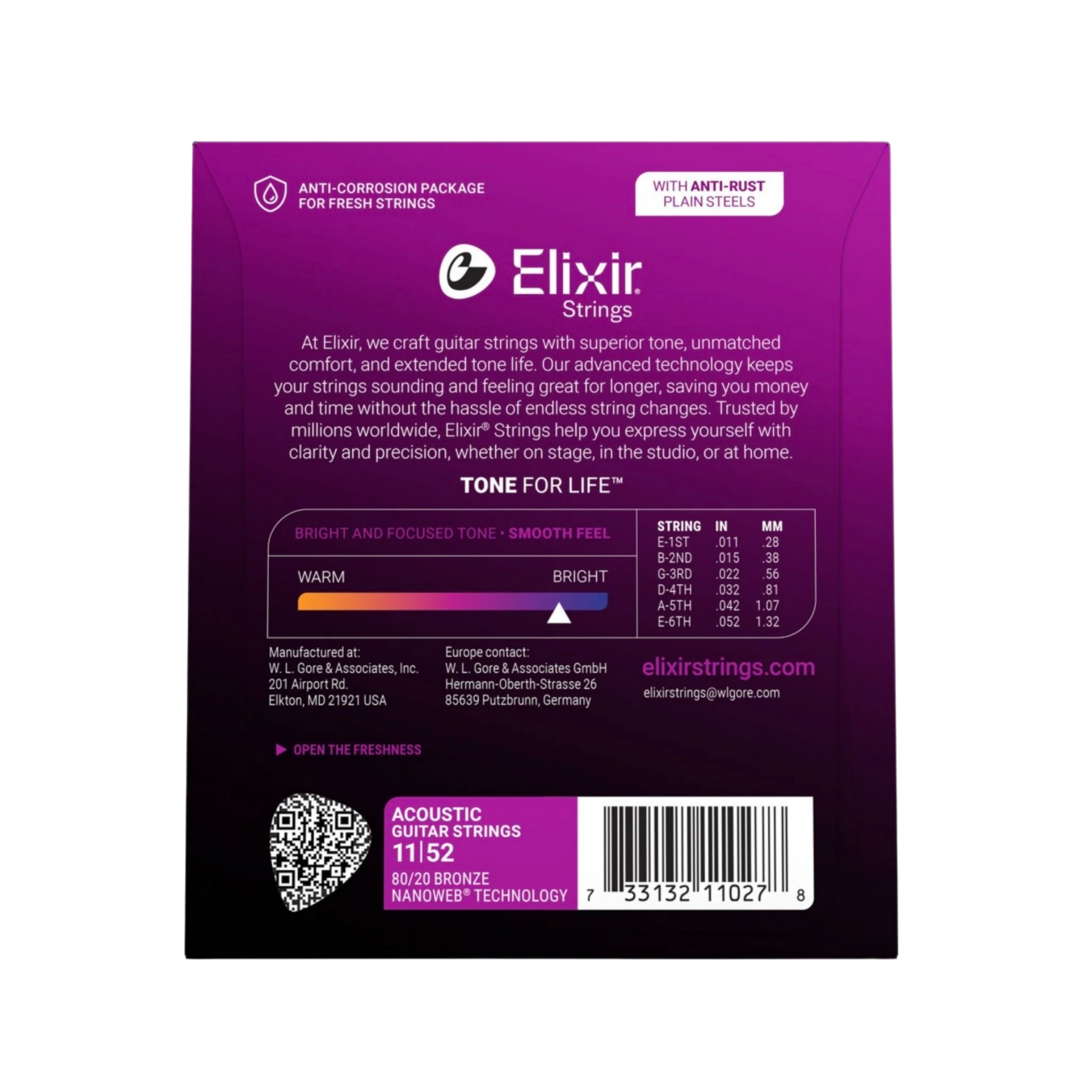 ELIXIR 11027 Nanoweb 80/20 Bronze Acoustic Guitar Strings 11-52