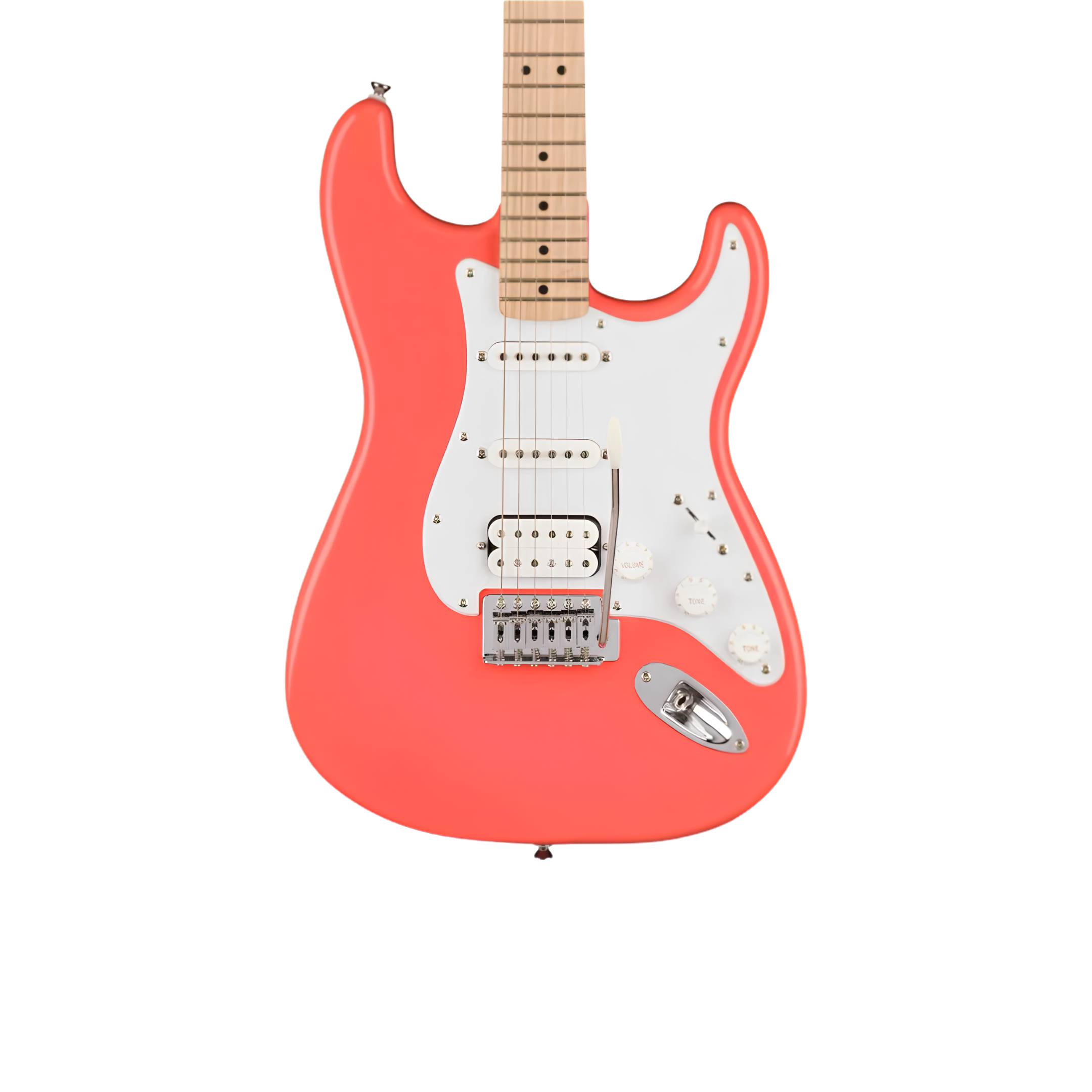 SQUIER Sonic Stratocaster HSS Electric Guitar w/White Pickguard, Maple FB, Tahitian Coral