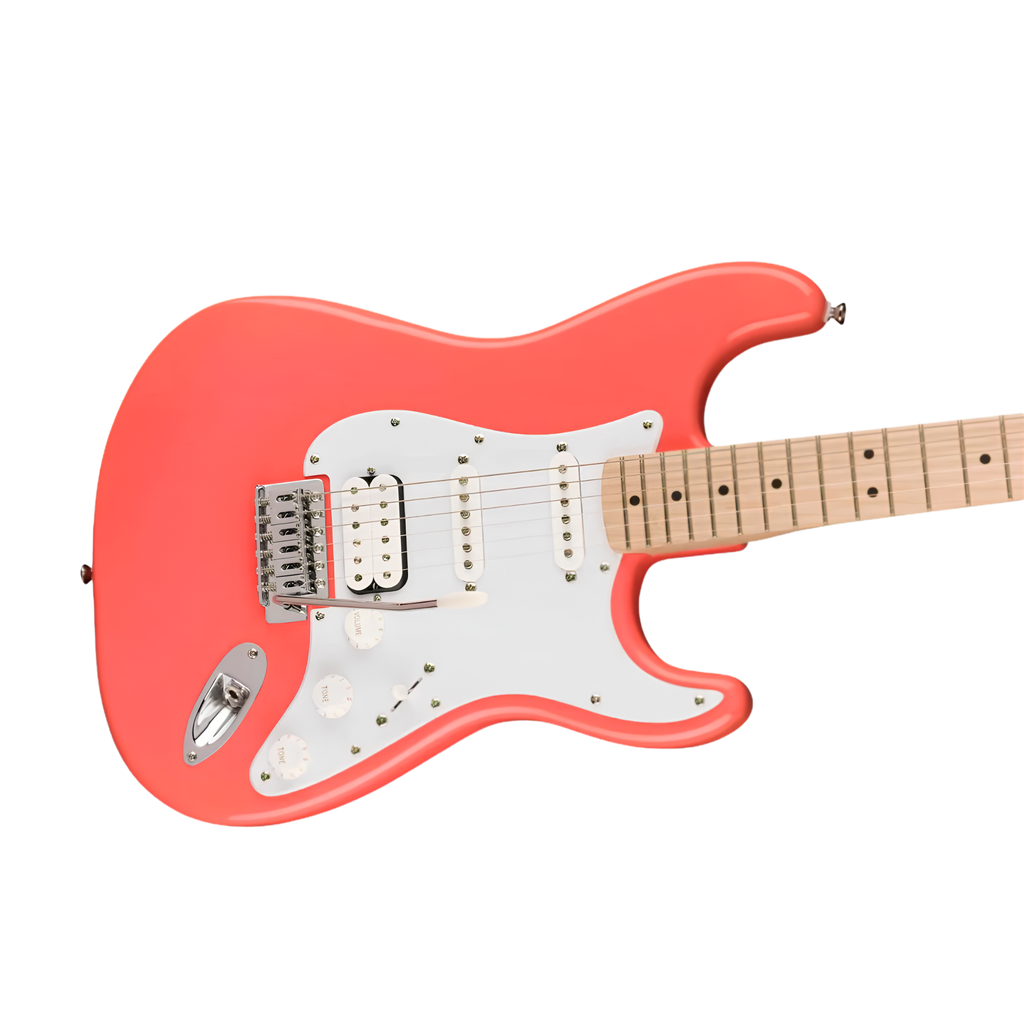 SQUIER Sonic Stratocaster HSS Electric Guitar w/White Pickguard, Maple FB, Tahitian Coral
