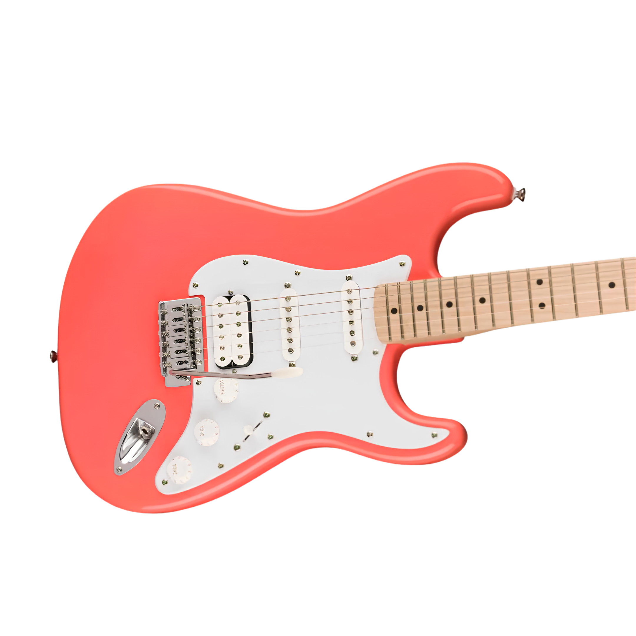 SQUIER Sonic Stratocaster HSS Electric Guitar w/White Pickguard, Maple FB, Tahitian Coral