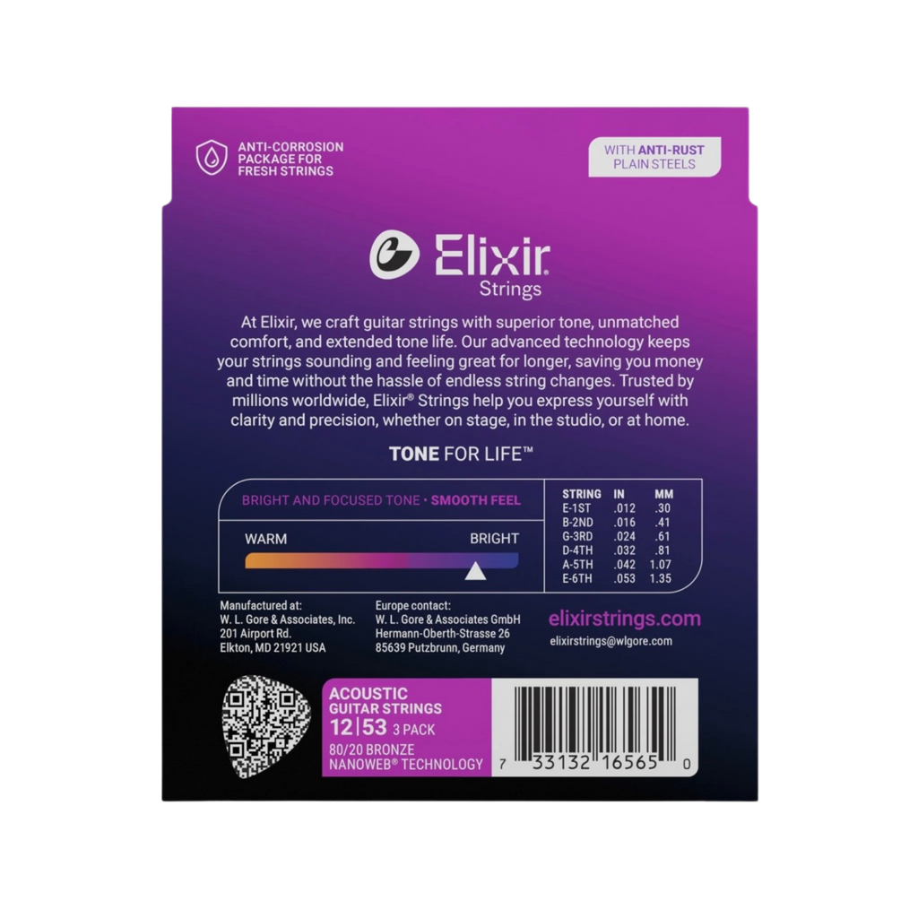 ELIXIR 16565 Nanoweb 80/20 Bronze Light Acoustic Guitar Strings, 12-53, 3-Pack