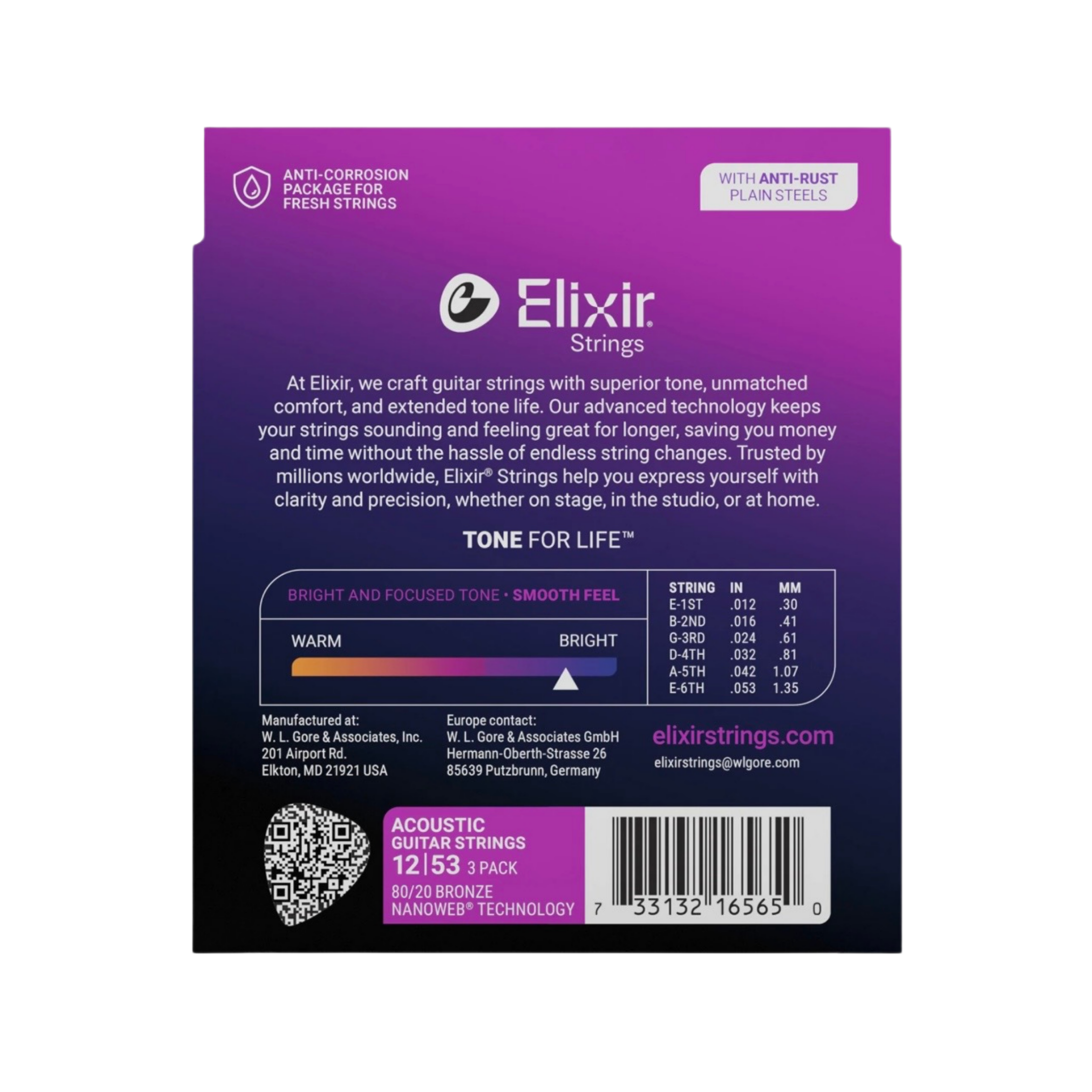 ELIXIR 16565 Nanoweb 80/20 Bronze Light Acoustic Guitar Strings, 12-53, 3-Pack
