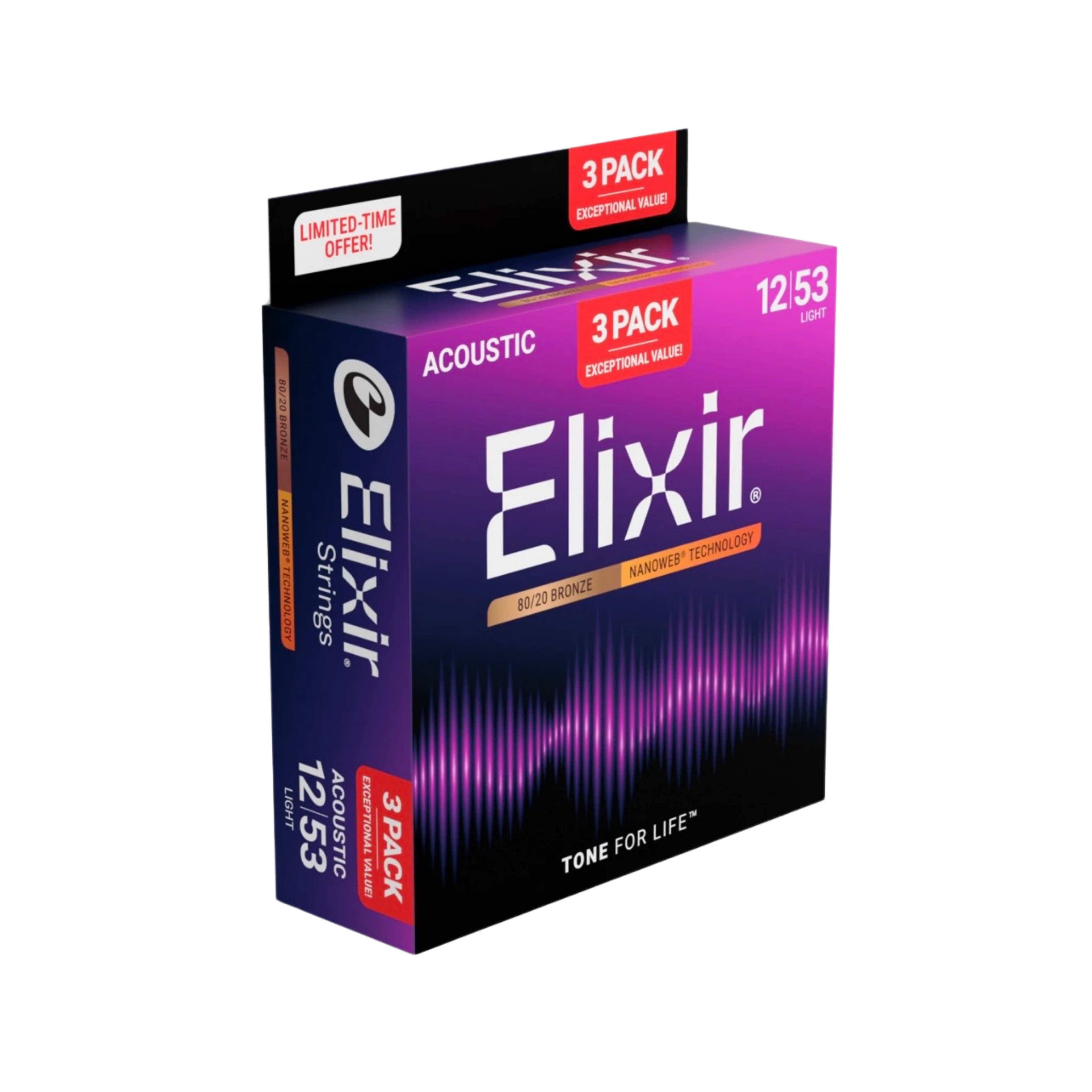 ELIXIR 16565 Nanoweb 80/20 Bronze Light Acoustic Guitar Strings, 12-53, 3-Pack
