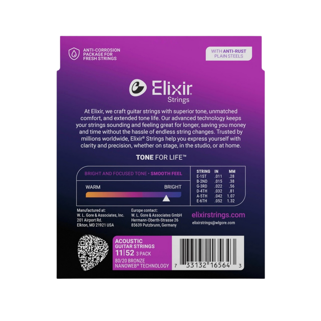 ELIXIR 16564 Nanoweb 80/20 Bronze Custom Light Acoustic Guitar Strings, 11-52, 3-Pack