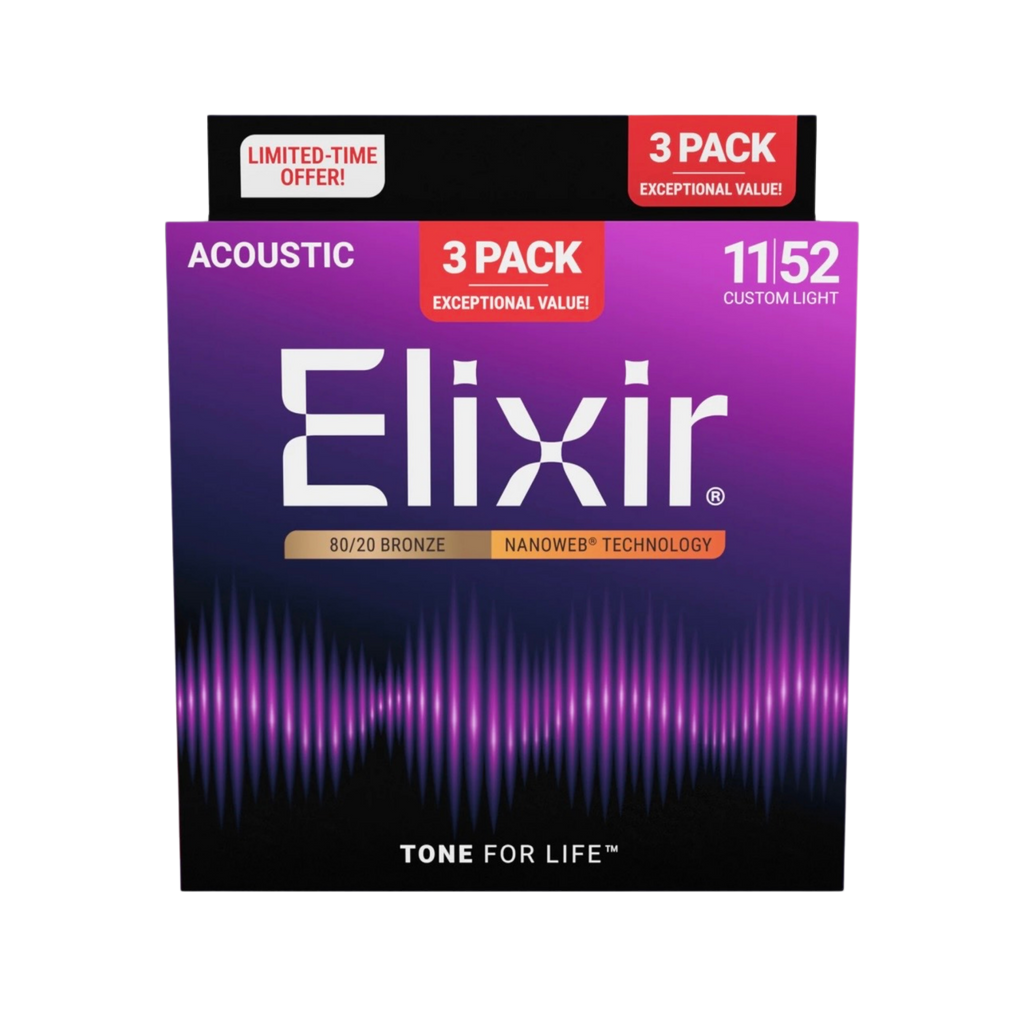 ELIXIR 16564 Nanoweb 80/20 Bronze Custom Light Acoustic Guitar Strings, 11-52, 3-Pack