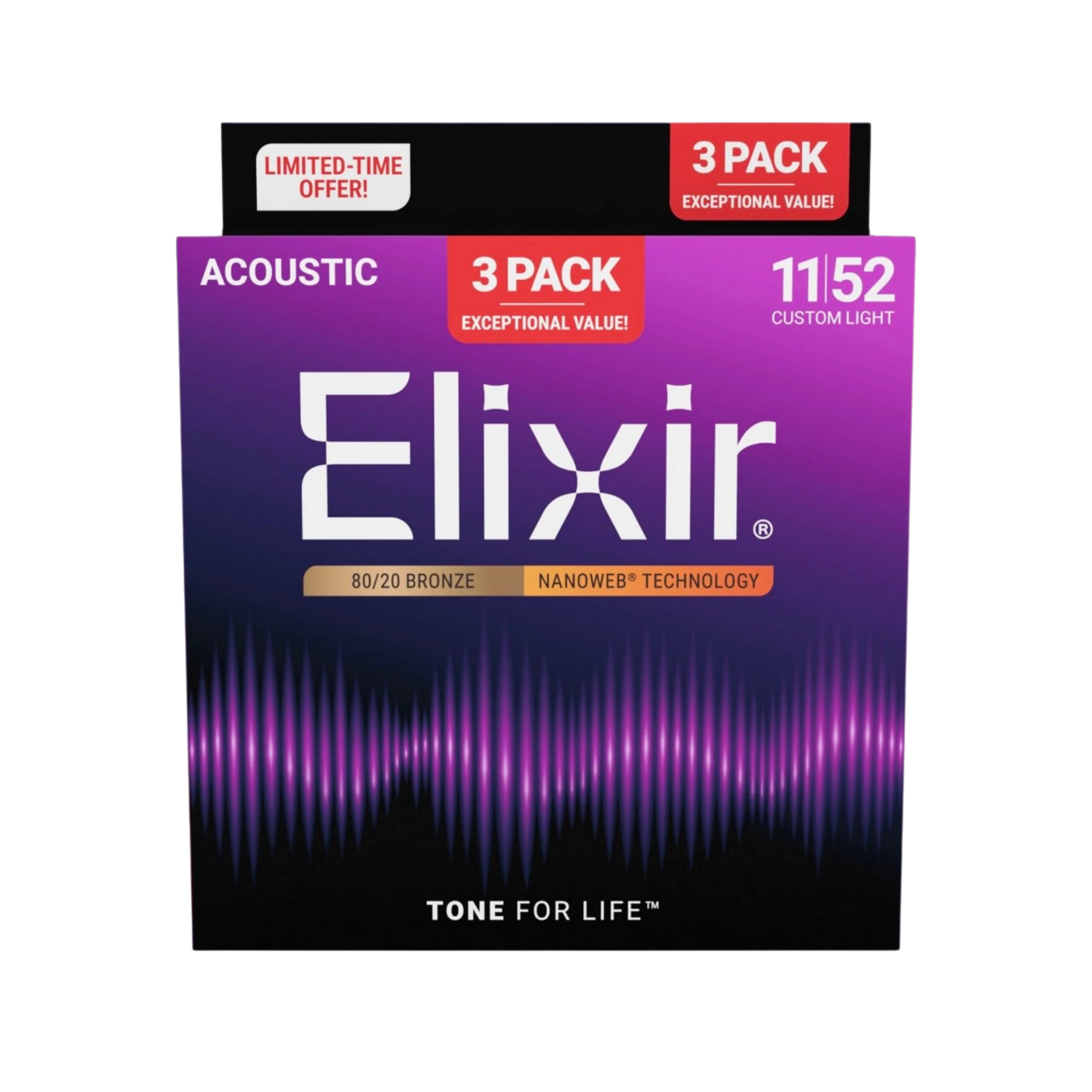 ELIXIR 16564 Nanoweb 80/20 Bronze Custom Light Acoustic Guitar Strings, 11-52, 3-Pack