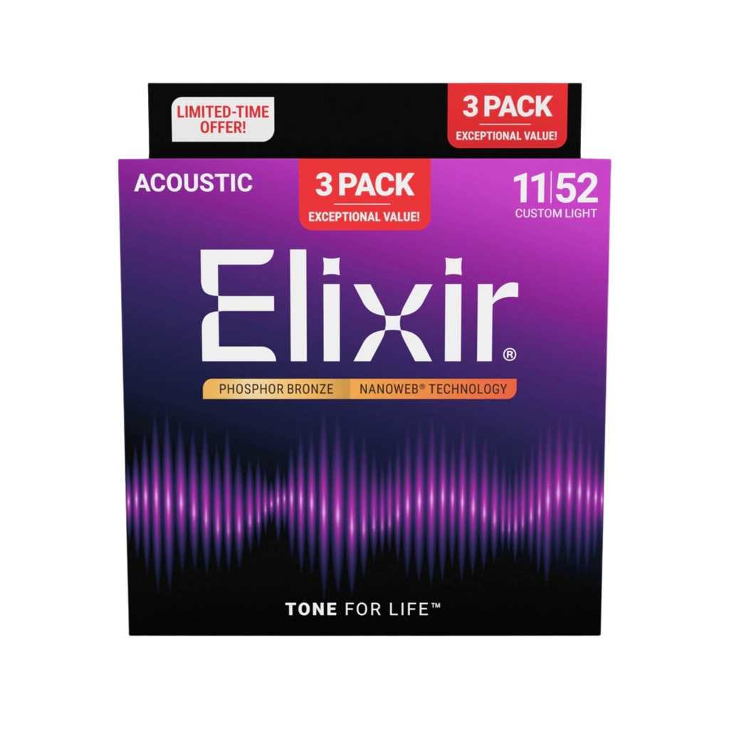 ELIXIR 16568 Nanoweb Phosphor Bronze Acoustic Guitar Strings, Custom Light, 11-52, 3-Pack