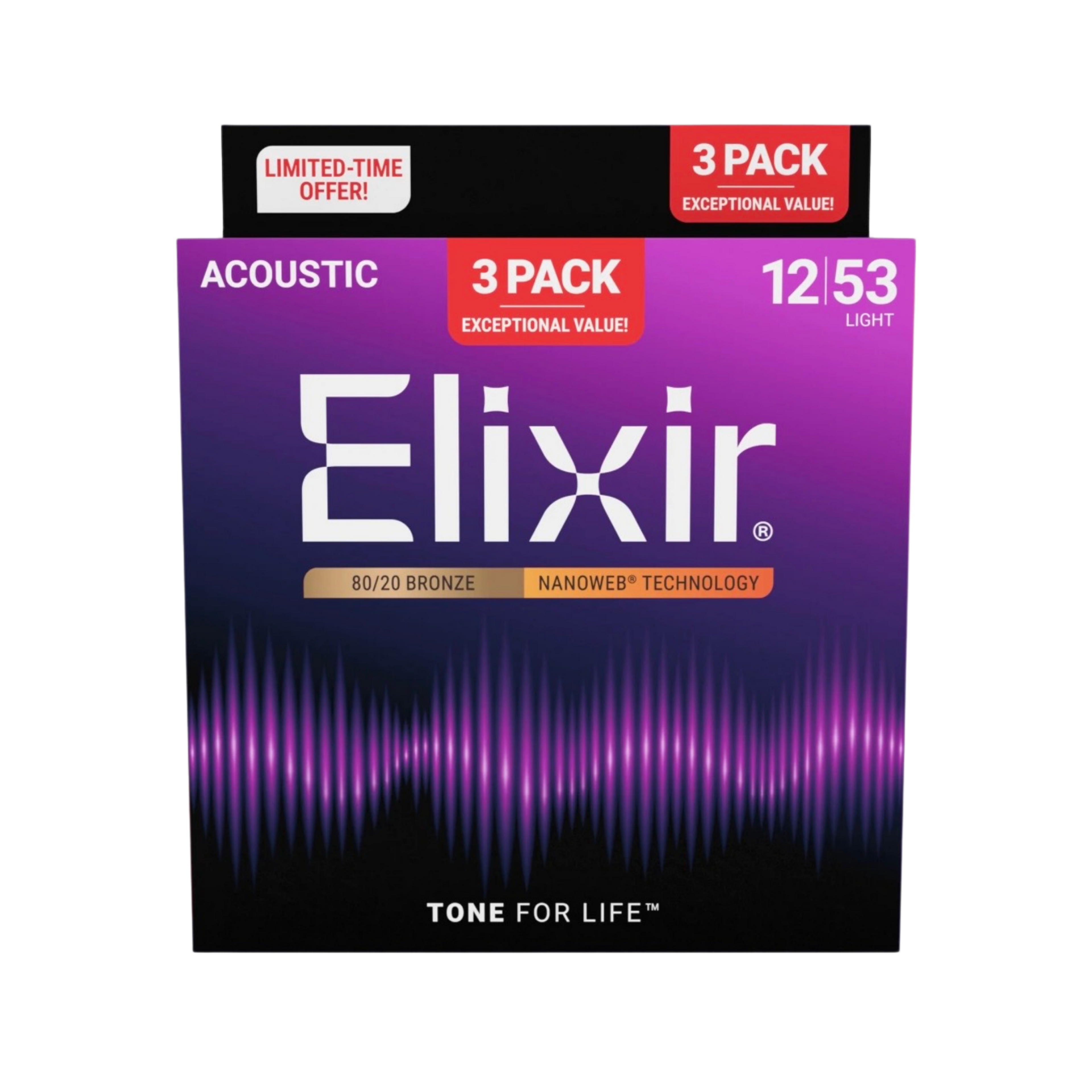 ELIXIR 16565 Nanoweb 80/20 Bronze Light Acoustic Guitar Strings, 12-53, 3-Pack