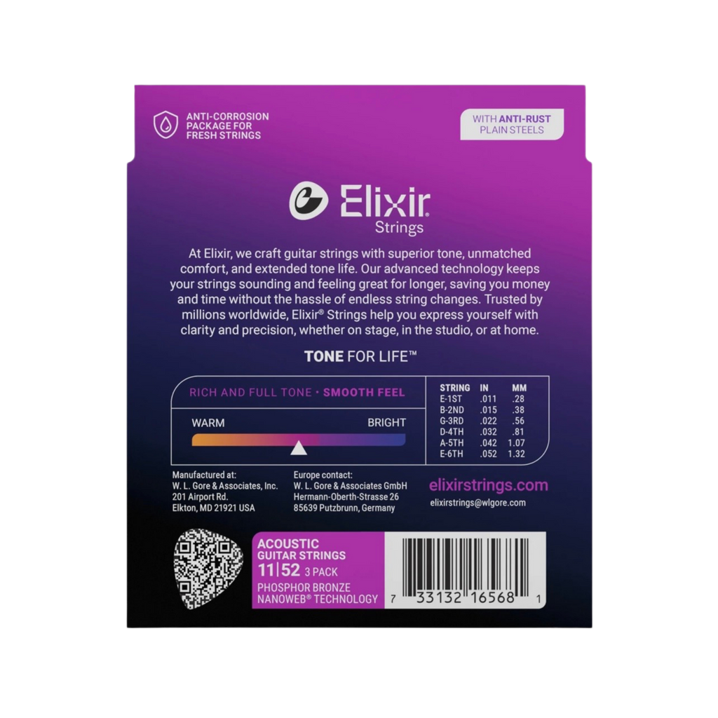 ELIXIR 16568 Nanoweb Phosphor Bronze Acoustic Guitar Strings, Custom Light, 11-52, 3-Pack