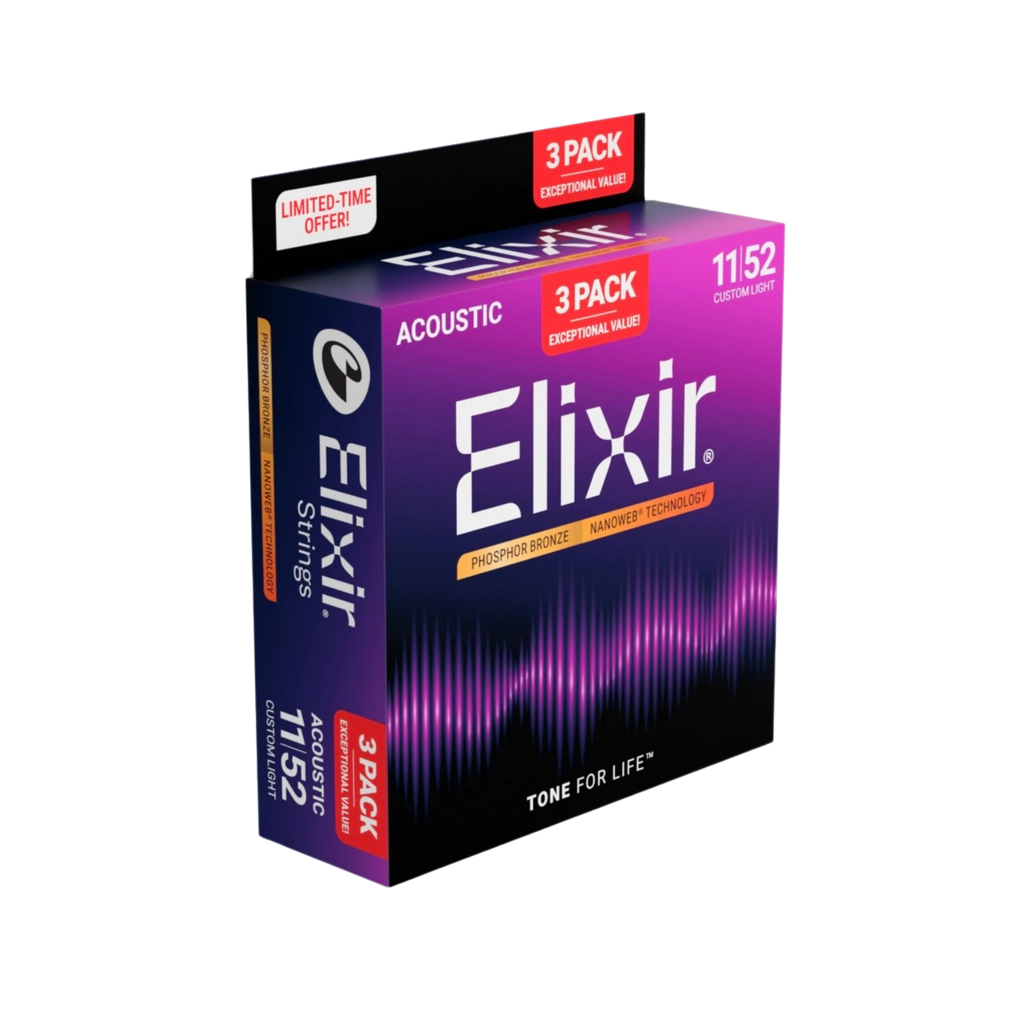 ELIXIR 16568 Nanoweb Phosphor Bronze Acoustic Guitar Strings, Custom Light, 11-52, 3-Pack