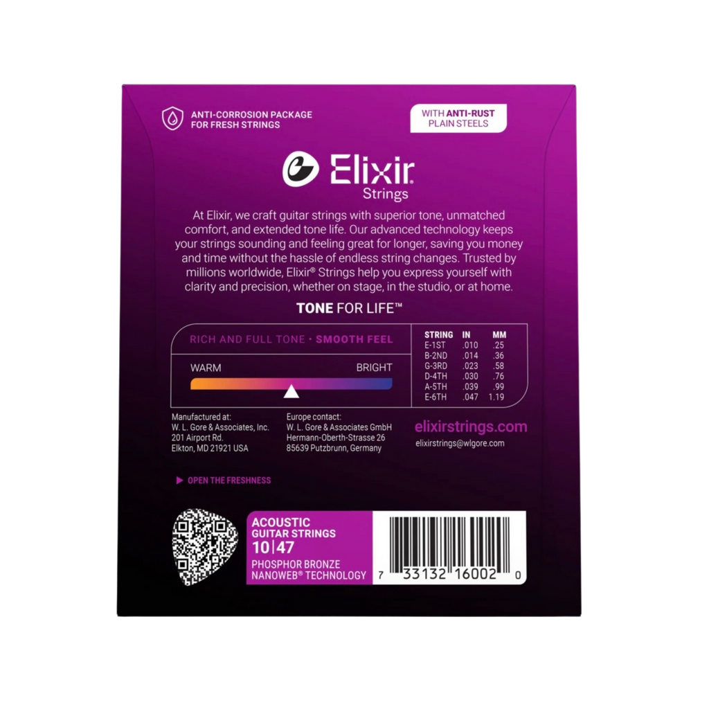 ELIXIR 16002 Nanoweb Phosphor Bronze Acoustic Guitar Strings, Extra Light, 10-47