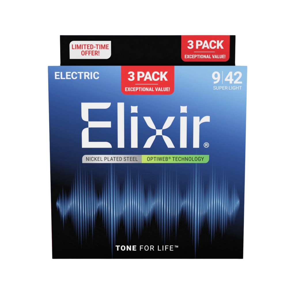 ELIXIR 16571 Optiweb Electric Guitar Strings, Super Light, 9-42, 3-Pack