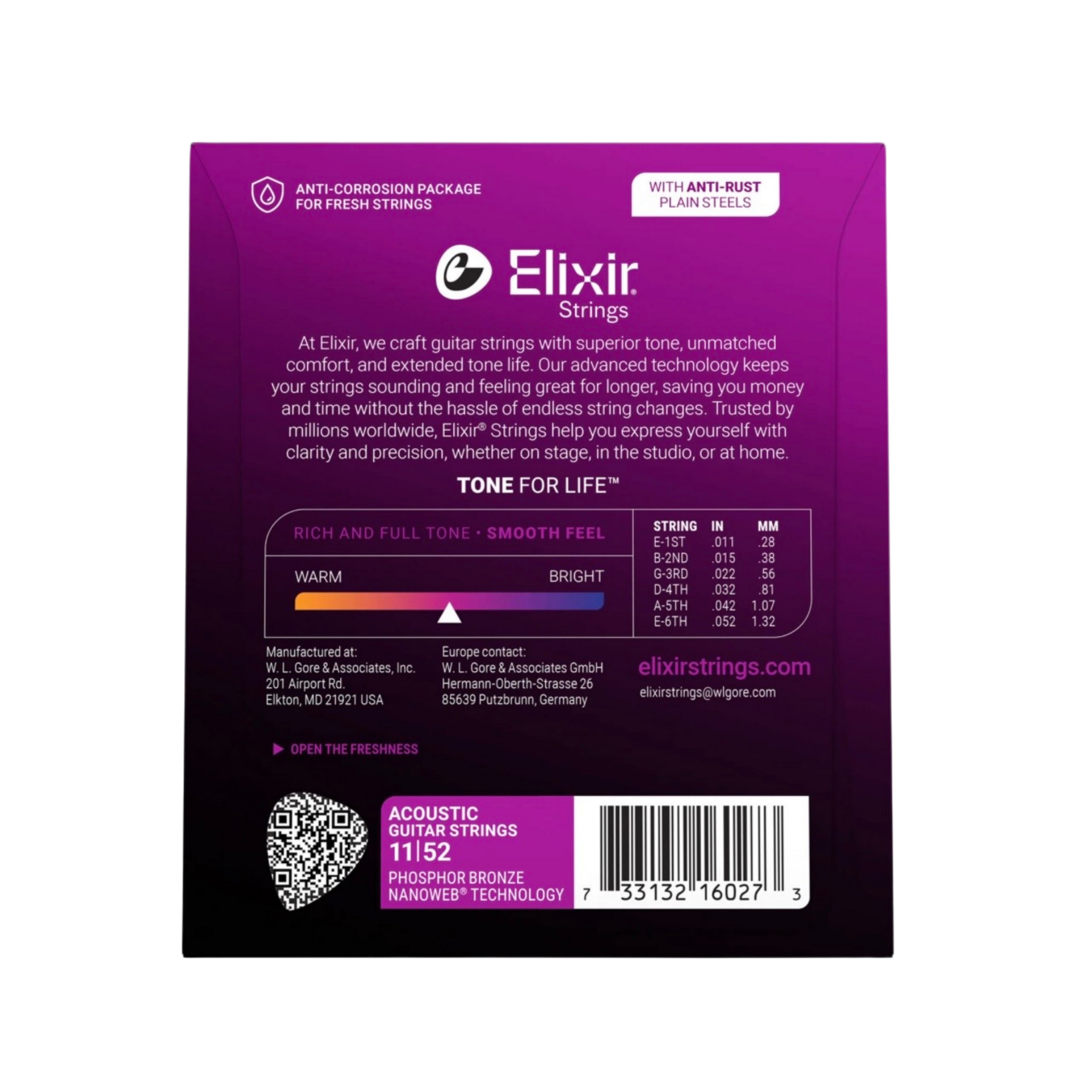 ELIXIR 16027 Nanoweb Phosphor Bronze Acoustic Guitar Strings, Custom Light, 11-52