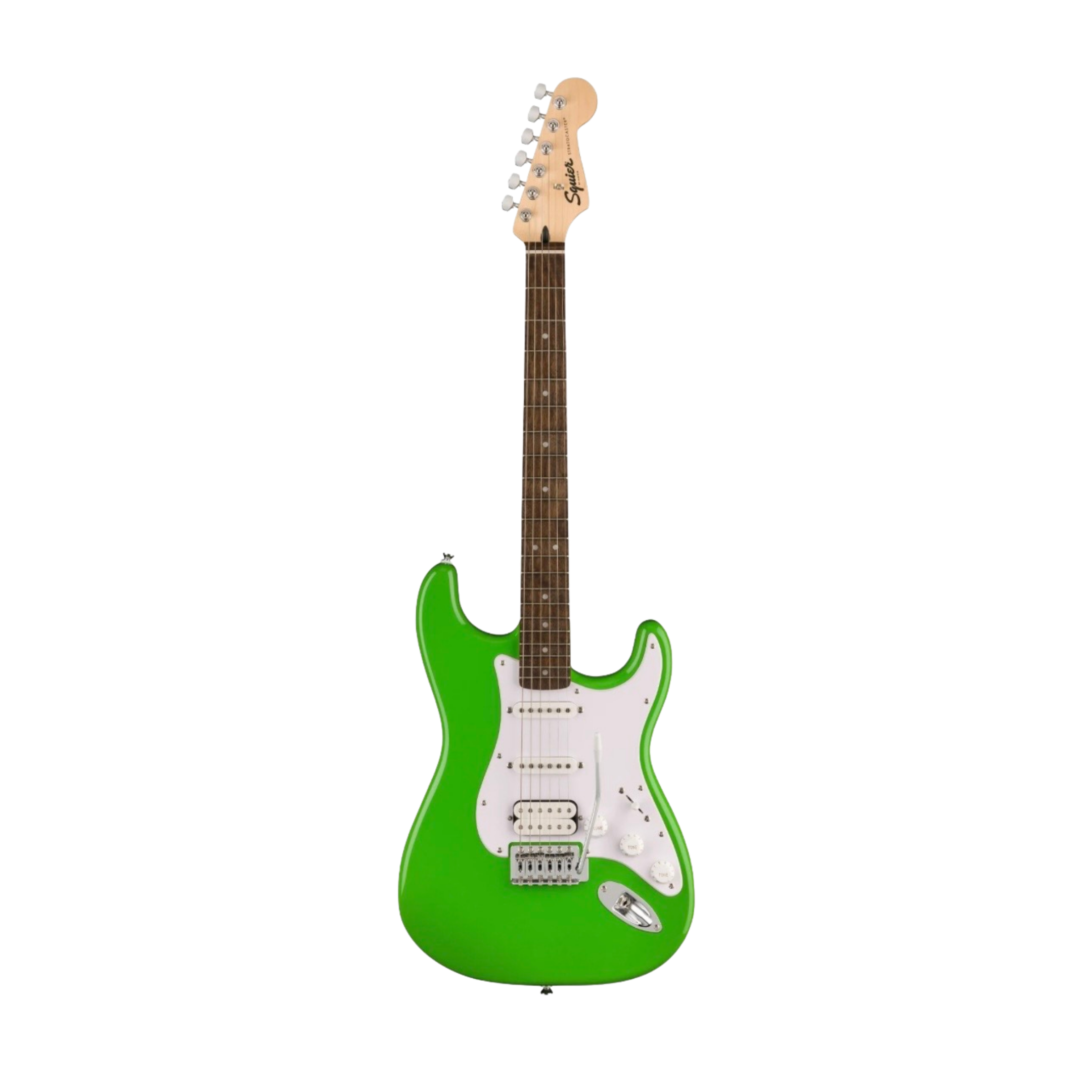 SQUIER FSR Sonic Stratocaster HSS Electric Guitar w/White Pickguard, Laurel FB, Lime Green