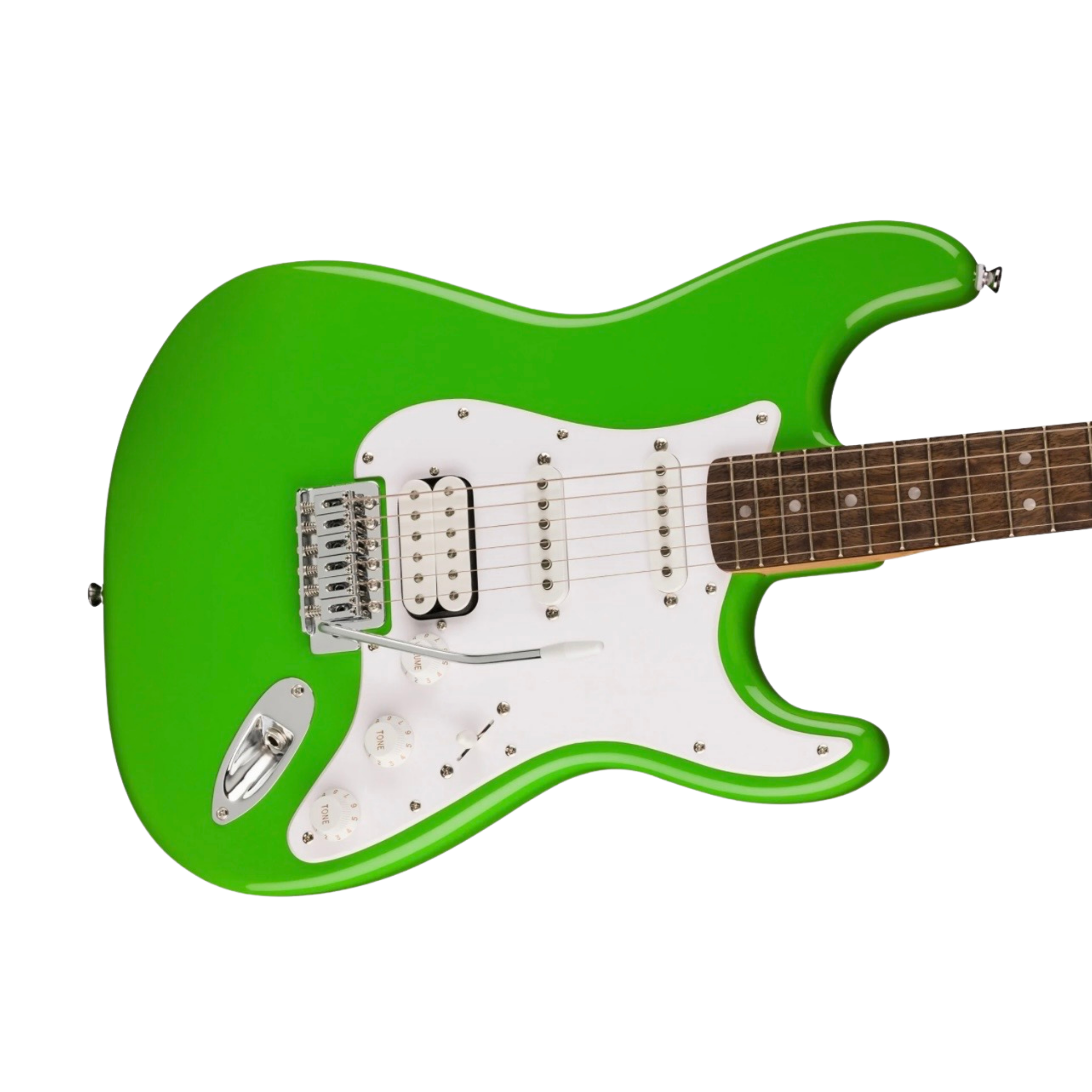 SQUIER FSR Sonic Stratocaster HSS Electric Guitar w/White Pickguard, Laurel FB, Lime Green