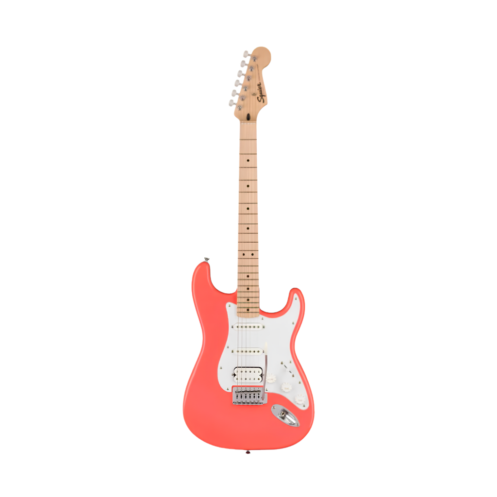 SQUIER Sonic Stratocaster HSS Electric Guitar w/White Pickguard, Maple FB, Tahitian Coral