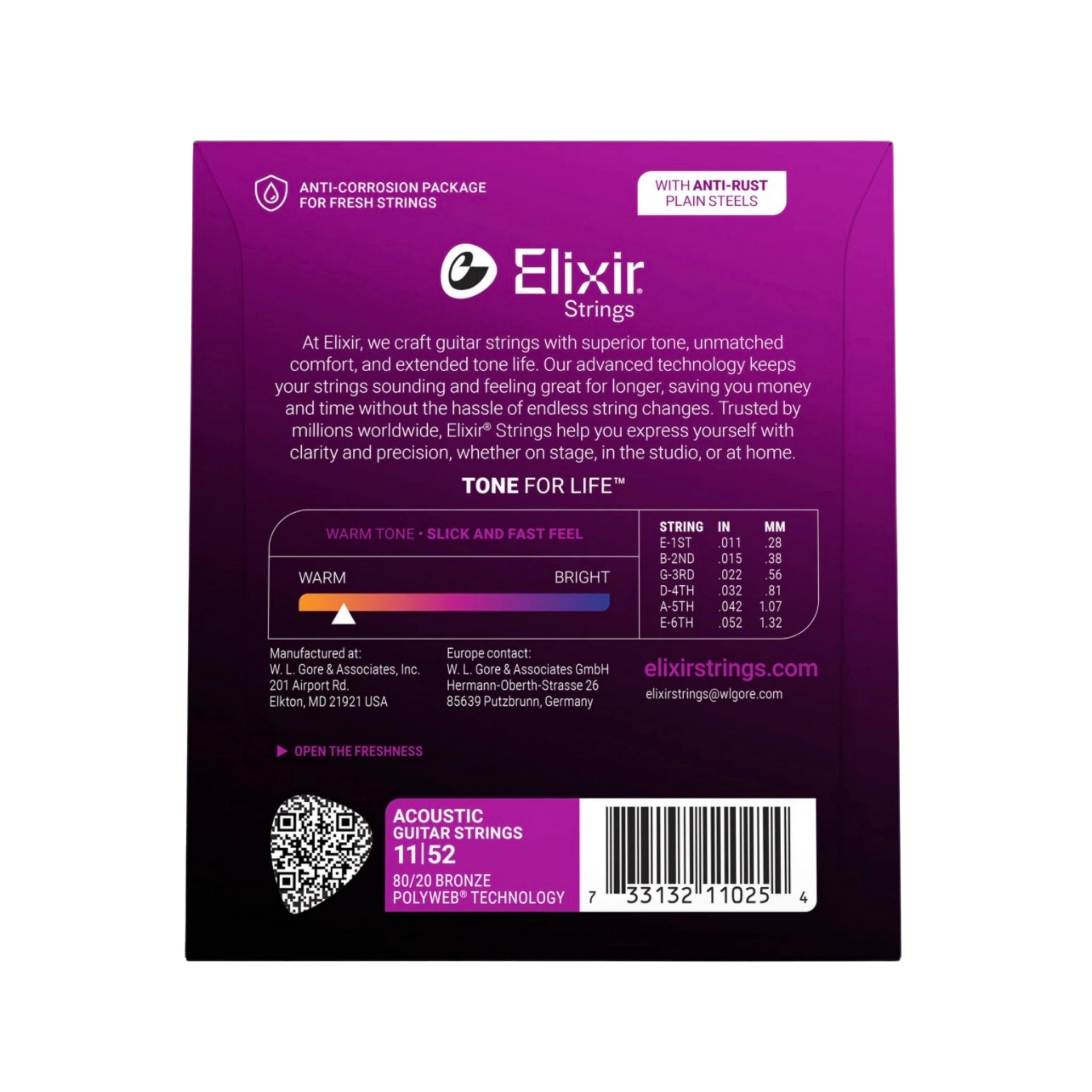 ELIXIR 11025 Polyweb 80/20 Bronze Acoustic Guitar Strings Custom Light 11-52