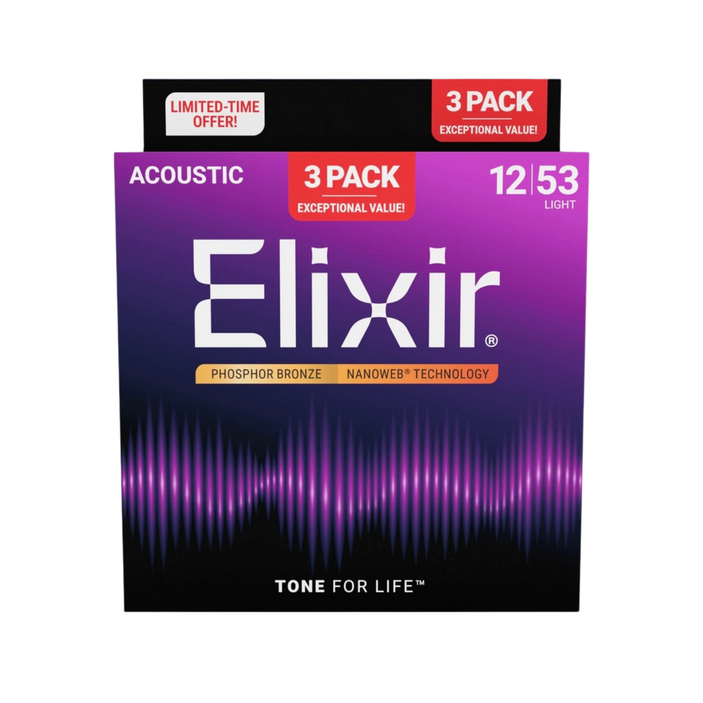 ELIXIR 16569 Nanoweb Phosphor Bronze Acoustic Guitar Strings, Light, 12-53, 3-Pack