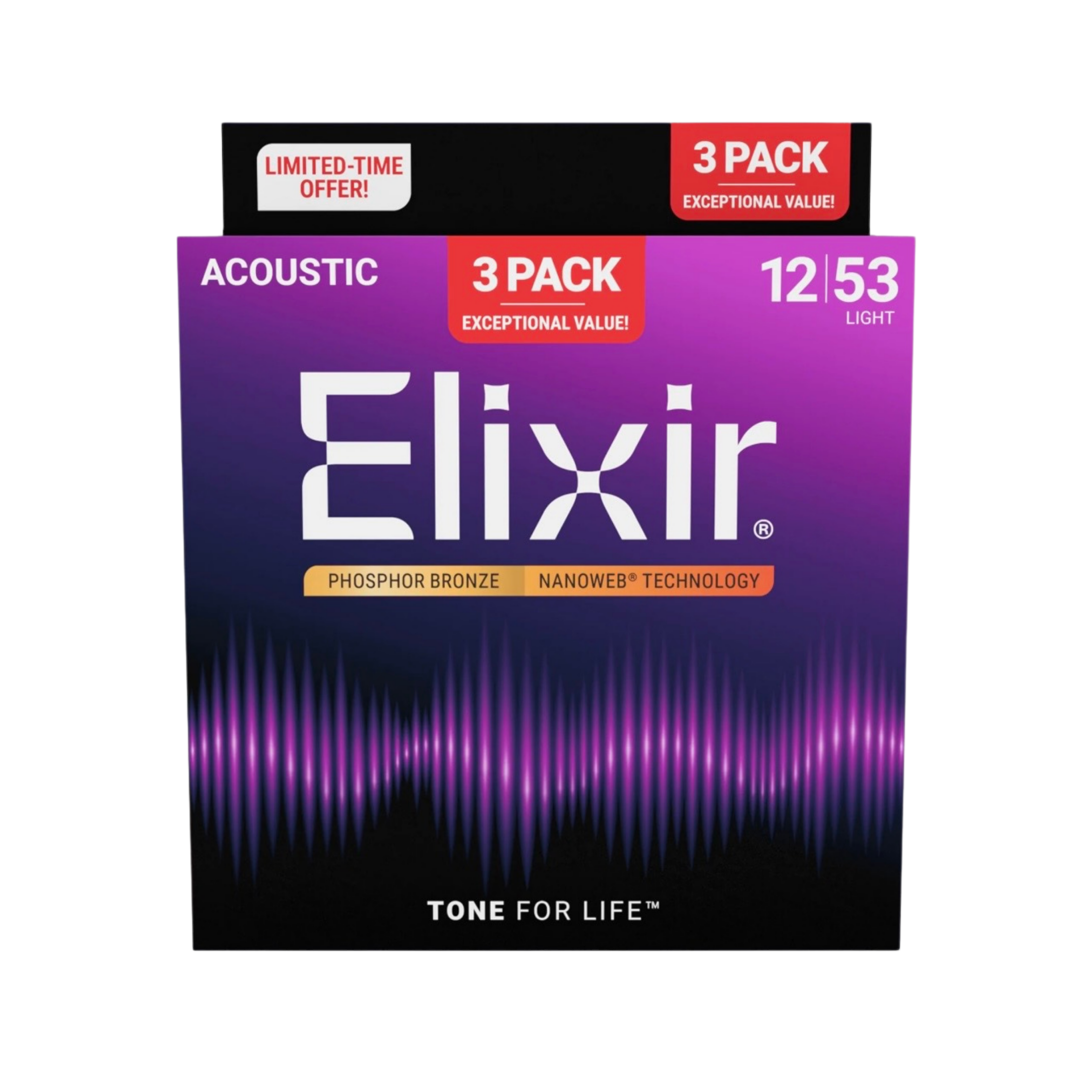 ELIXIR 16569 Nanoweb Phosphor Bronze Acoustic Guitar Strings, Light, 12-53, 3-Pack