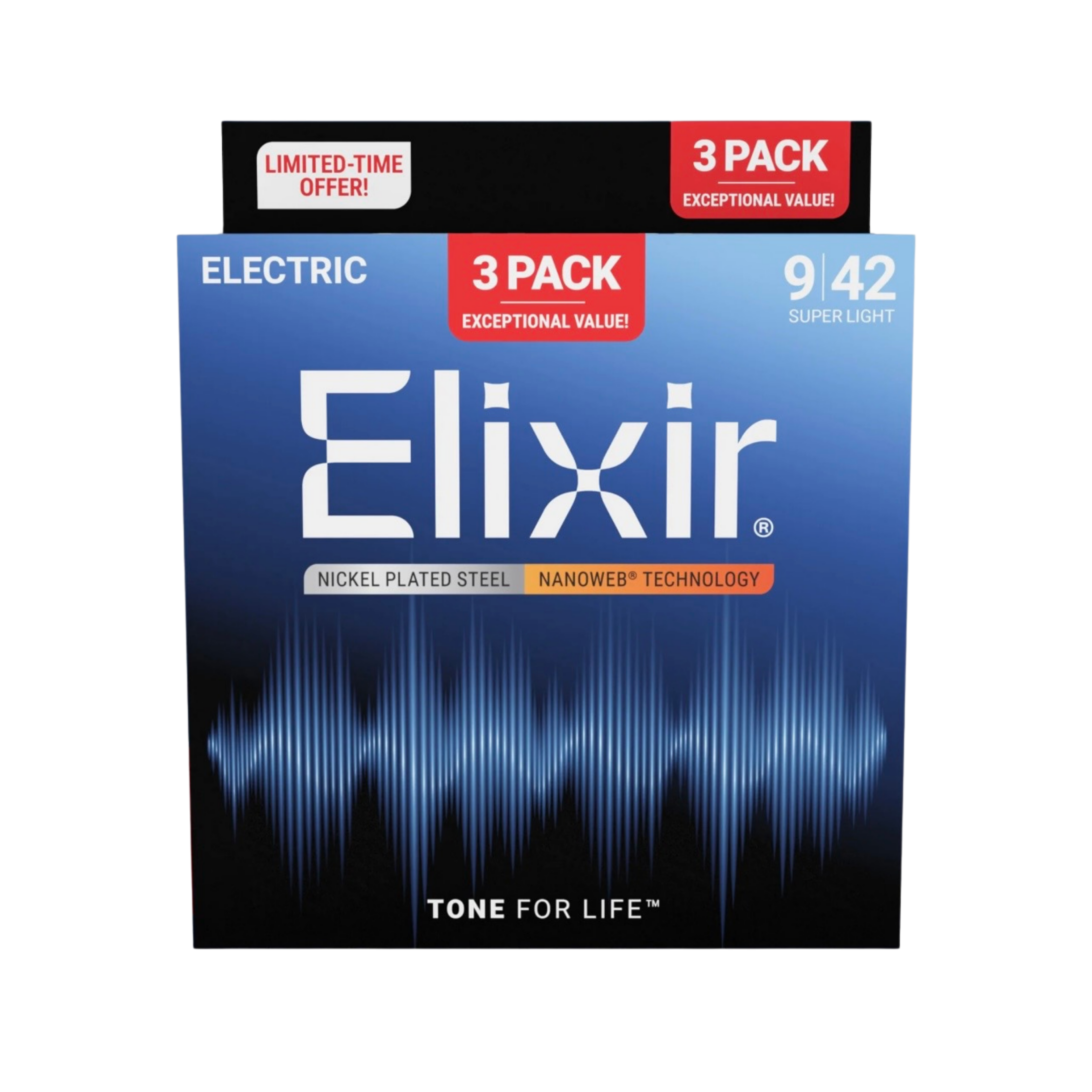ELIXIR 16566 Nanoweb Electric Guitar Strings, Super Light, 9-42, 3-Pack