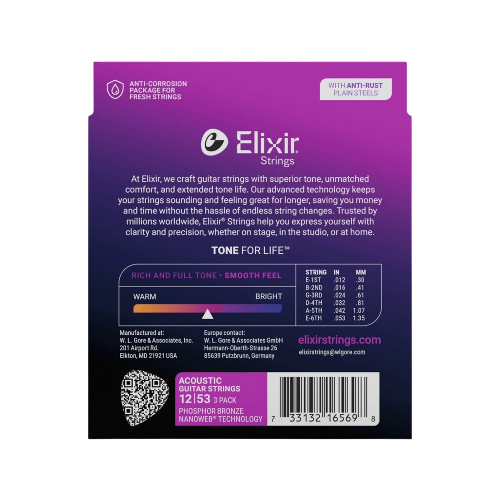 ELIXIR 16569 Nanoweb Phosphor Bronze Acoustic Guitar Strings, Light, 12-53, 3-Pack