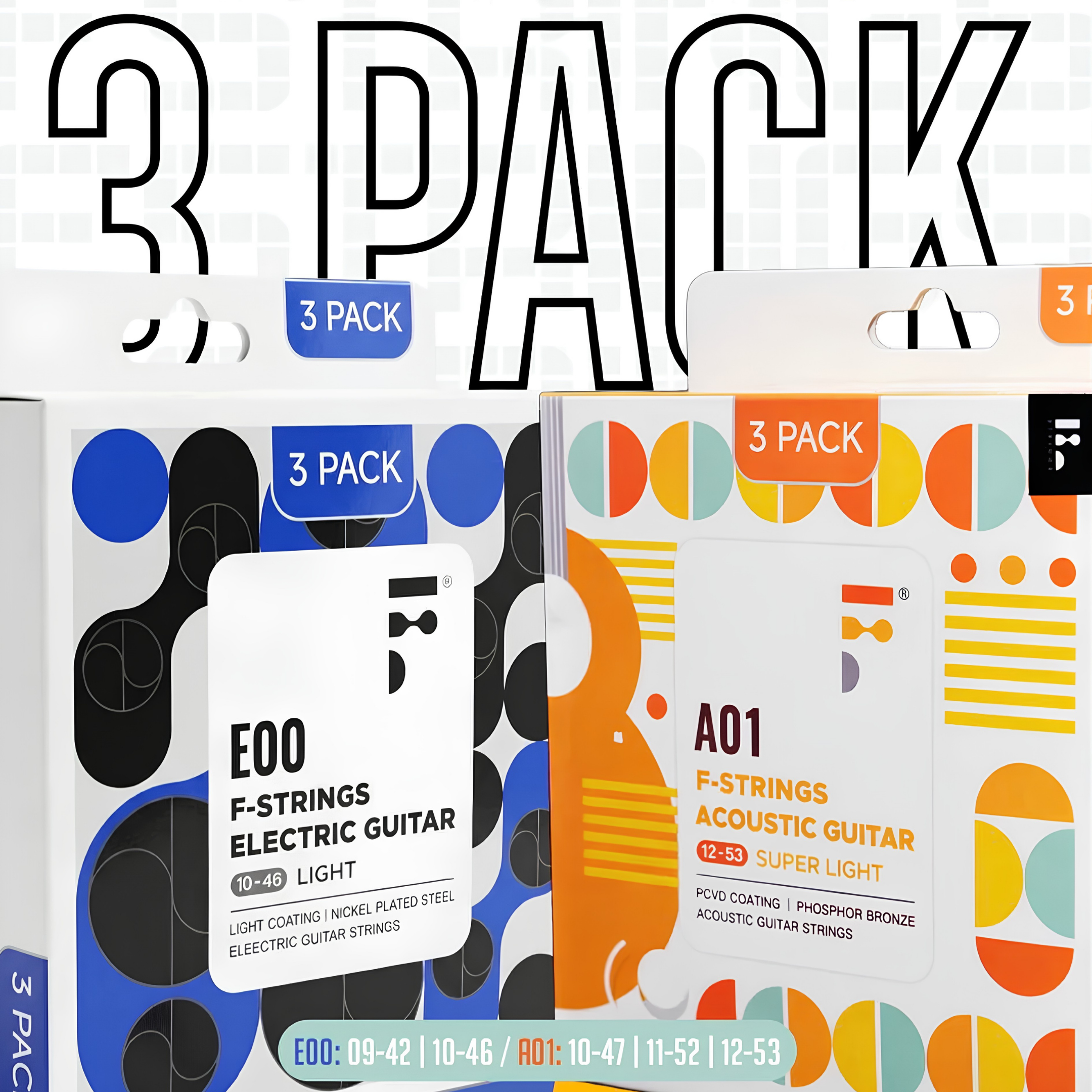 FSTRING A01 E00 Acoustic Electric Guitar Strings – 3 Packs (10-47 / 11-52 / 12-53)