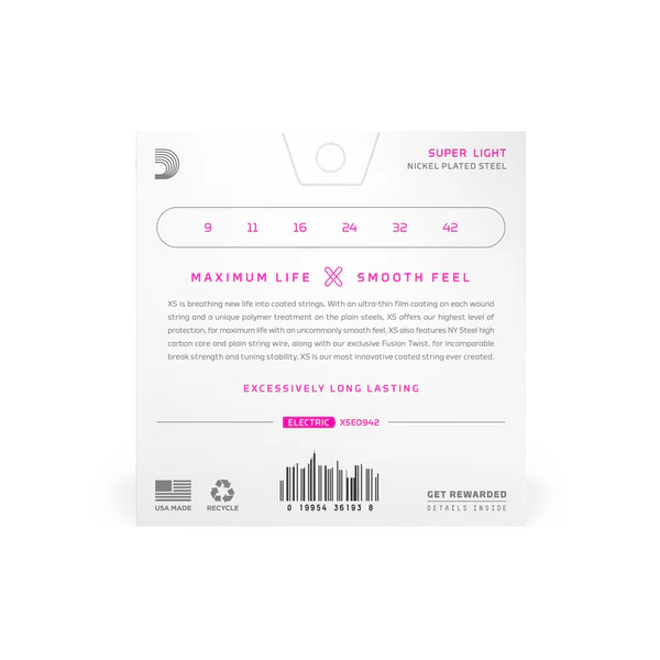 D’ADDARIO Electric XS Coating XSE0942 9-42 Super Light Coated Electric Guitar Strings